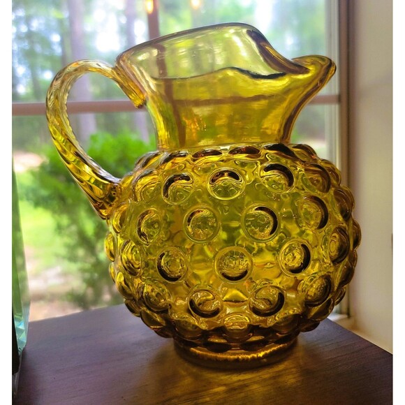 VTG Amber Glass Hobnail Pitcher wide belly applied handle hand blown 8.25" H MCM - Picture 11 of 16